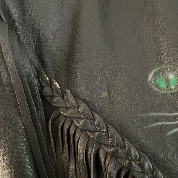 Leather Jacket w/ Hand Painted Cat Black Fringe Motorcycle Western Vintage Small - Picture 11 of 16